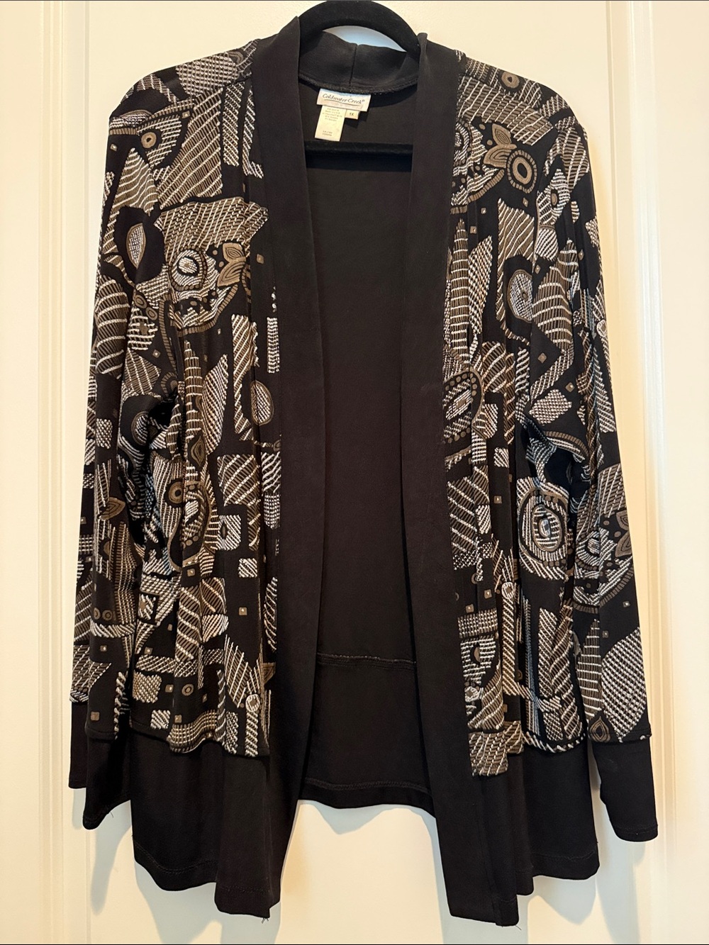 Coldwater Creek Black and Taupe Abstract Patterned Travel Knit Cardigan size 1X